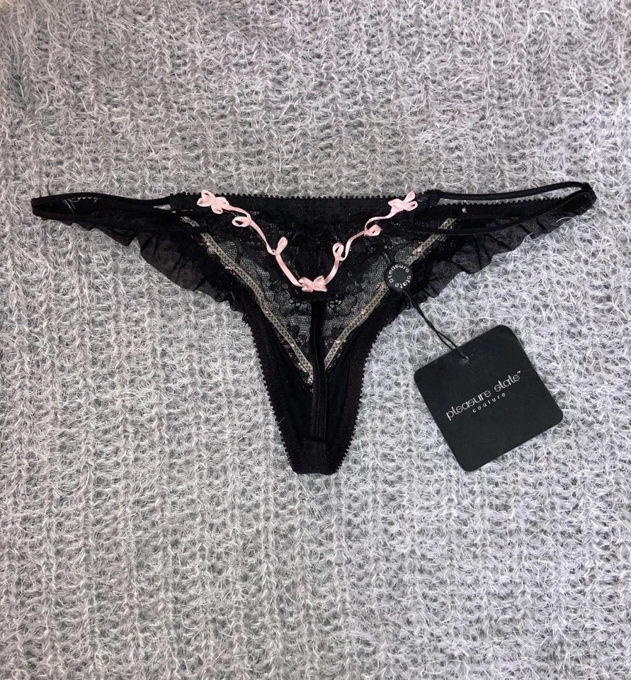 Pleasure State черные кружевные трусики с двойной струной розовая лента бант стринги S новые - Изображение 3 из 4