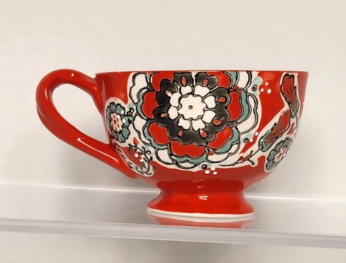 Anthropologie ELKA AYAKA Floral PEDESTAL MUG Twist Handle RED