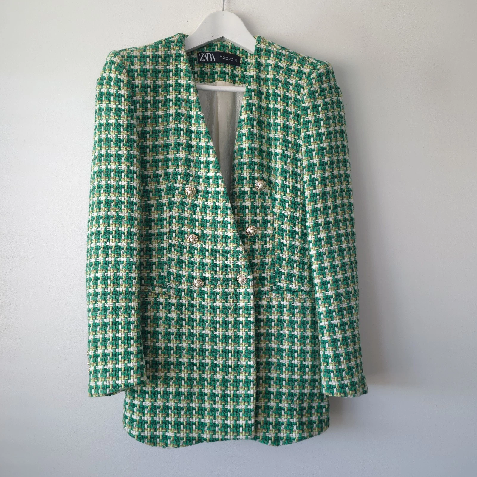 Zara Green Textured Weave Double Breasted Blazer Jacket Size M Medium 10 12