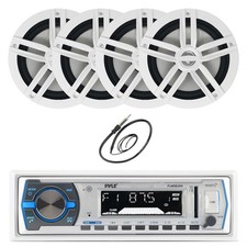Pyle Bluetooth Marine Receiver, 4x 6.5" 180W Boat Audio White Speakers, Antenna