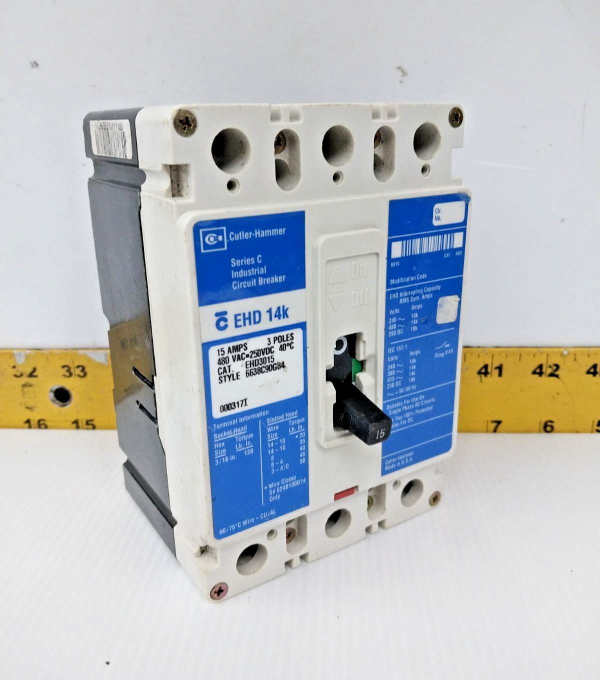 Cutler-Hammer 15 Amp Circuit Breaker 480 VAC / 250 VDC 3 Pole EHD3015 ...