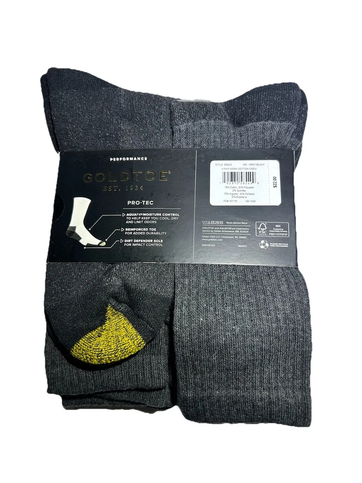 Novo Pacote com 6 Meias Masculinas Goldtoe Performance Pacote com 6 Crew Preto e Cinza Tamanho 6-12.5 - Imagem 4 de 4