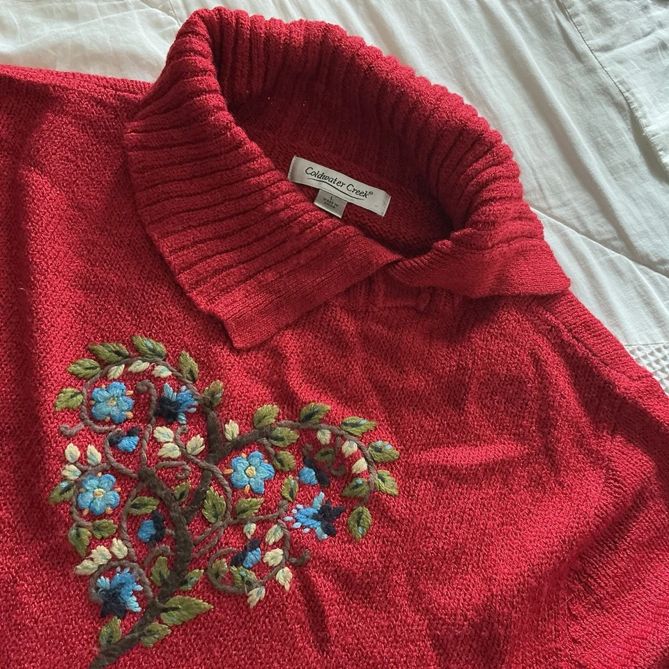Coldwater Creek Vintage Sz L Red Embroidered Chunky Knit Sweater Grannycore Boho - Image 2 of 4