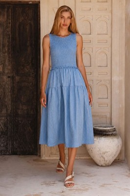 Smocked Midi Sleeveless Dress Blue Plus 2-XL NWOT Time & Tru