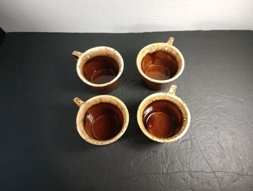 4 VINTAGE HULL POTTERY COFFEE CUP MUG BROWN DRIP GLAZE OVEN PROOF MADE IN USA