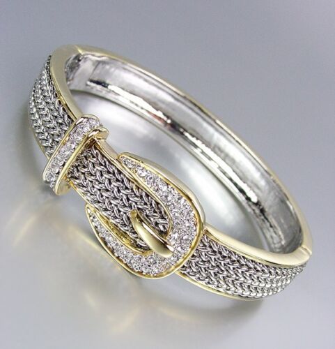 Designer Style Balinese Silver Wheat Gold Crystals Buckle Hinged Bangle Bracelet - Bild 1 von 3