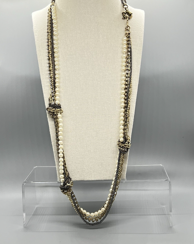 J.Crew Multi Strand Necklace Faux Pearls Chains Long Layered Gold Silver Tone - Picture 4 of 17