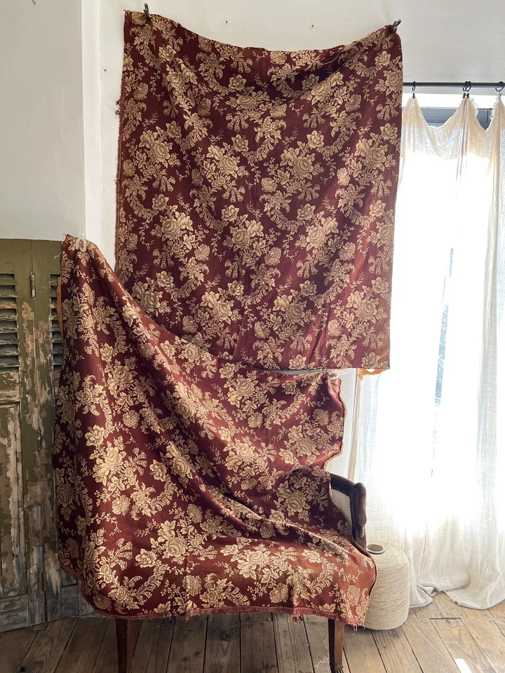 PAR de paneles de algodón antiguos franceses FLORALES DAMASCO ORO ROJO ROSAS c1880 Foto 2 de 4