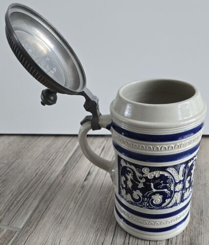 Gerz, Antiker Bierkrug mit Zinndeckel & Muster, Blau/grau, ca. 1L, Keramik, NEU
