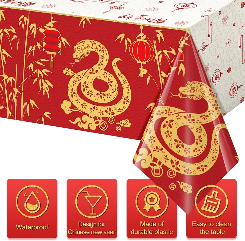 3 piezas manteles de plástico decoraciones año nuevo chino 2025 54x108 pulgadas oro rojo Foto 4 de 4