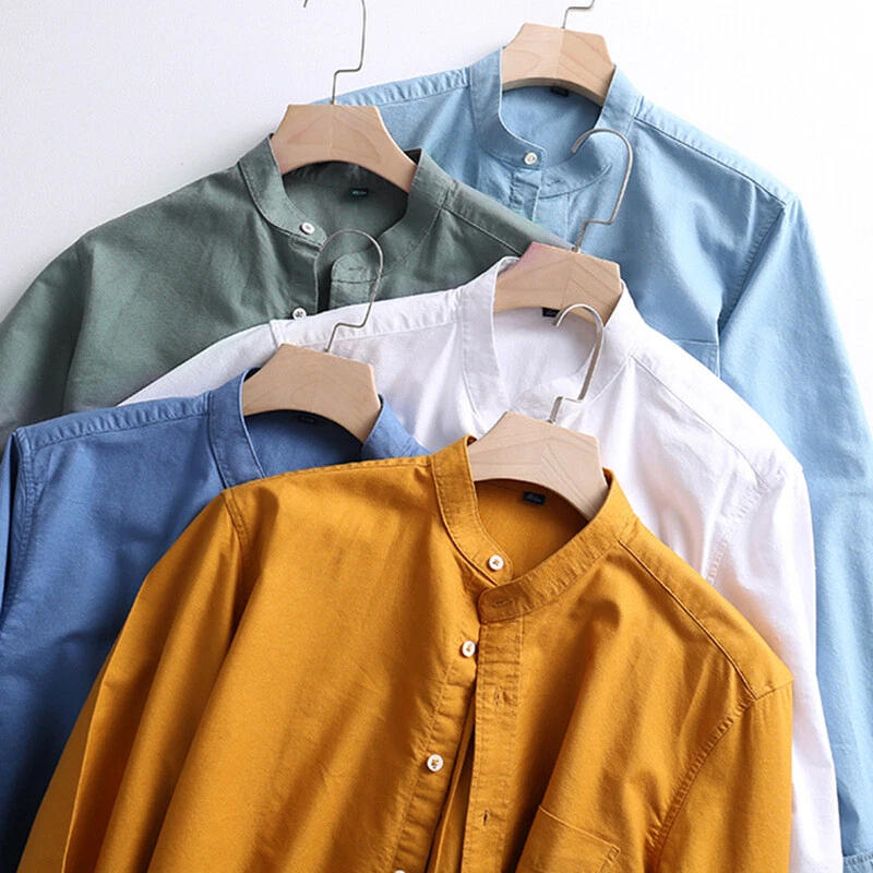 Camisas masculinas lisas tops algodão bolso gola vovô manga longa fina azul verão - Imagem 3 de 4