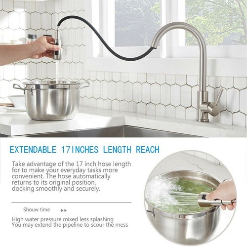 Kitchen Sink Faucet Brushed Nickel Single Handle Swivel Pull Down Sprayer Mixer - Picture 3 of 9