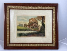 Country Scene Cottage Barn Landscape Watercolor Painting Signed Framed Inlay