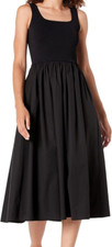  395 THEORY sz L Black Scoop Neck Stretch Knit  Cotton Poplin A Line Midi Dress