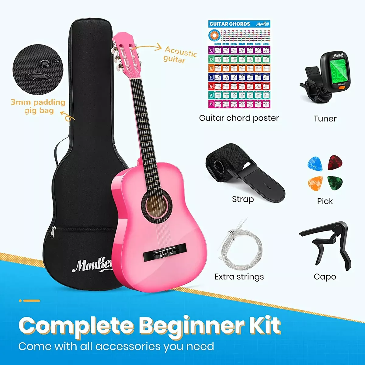 PINK 38 3 4 Size Sz Acoustic Practice Classical Guitar Beginner Adult Teen Bag