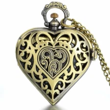 Vintage Pocket Watch Bronze Heart Pendant Necklace Locket Case Quartz Analog