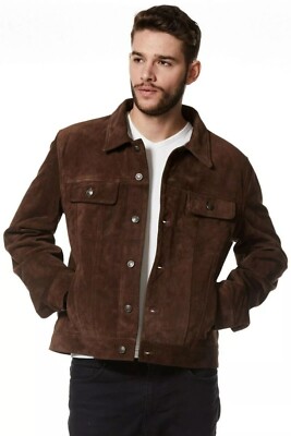 Brown Leather Trucker Jacket for Men Pure Suede Custom Made Size S M L XXL - 248