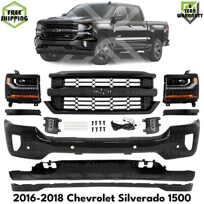 Front Bumper Primed & Headlights Assembly Kit For 2016-2018 Chevy Silverado 1500