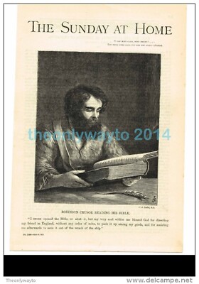 ROBINSON CRUSOE LIEST SEINE BIBEL,, BUCHILLUSTRATION/DRUCK 1879