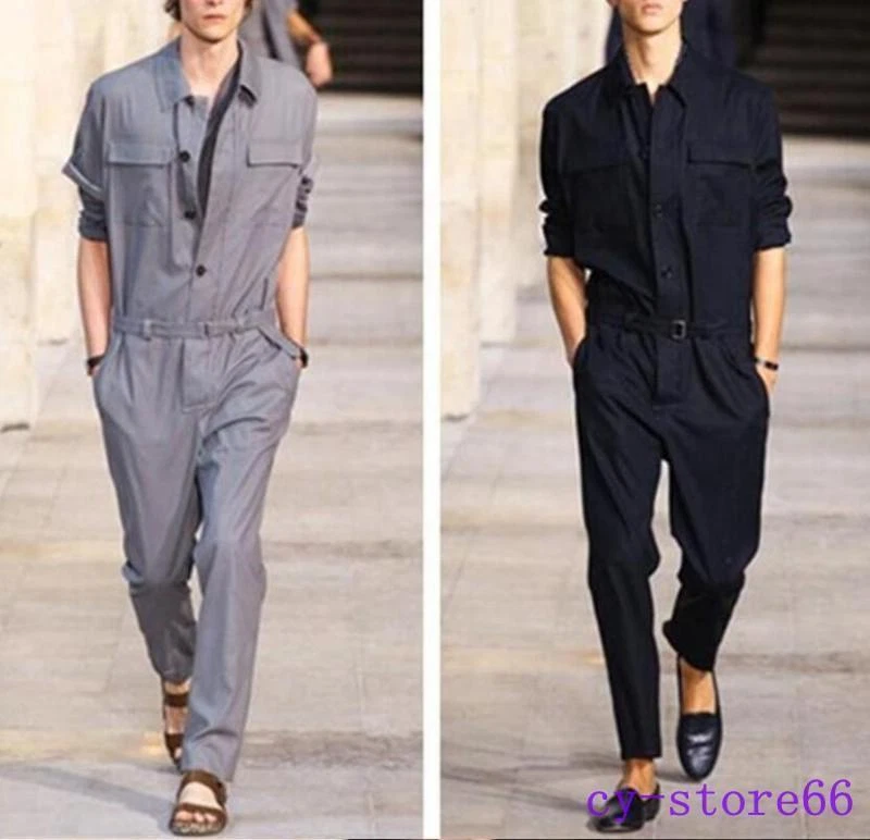 Mens Work Casual Slim Jumpsuit Lapel Long Sleeve Fashion Pants