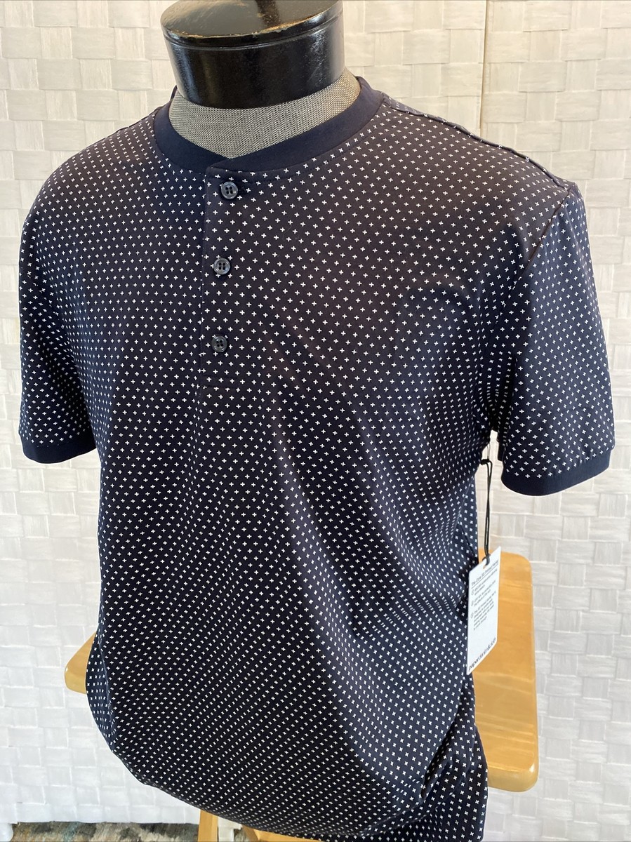 Paper Denim Cloth Men Size Medium Navy Blue White Crosses Henley Summer  Top