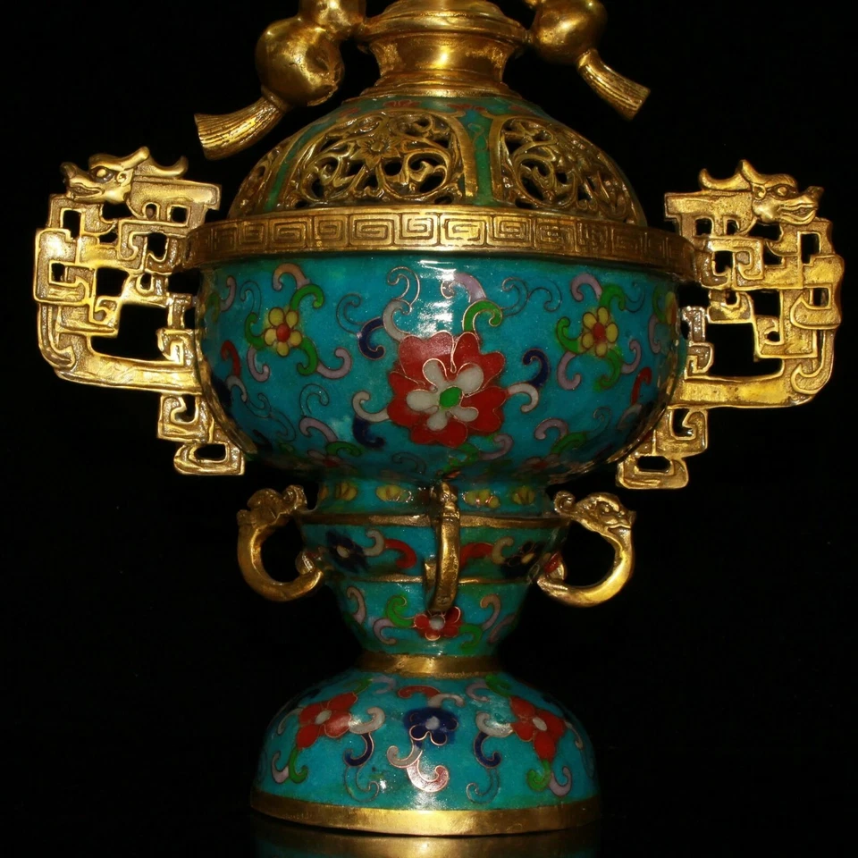 Quemador de incienso calabaza azul Cloisonne de latón antiguo de China de 11,2" Foto 4 de 4