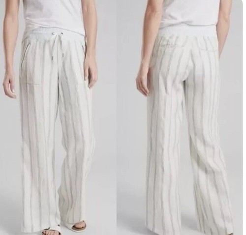 Athleta Leinenhose weites Bein 4 gestreift weiß grau Cabo Tide Gummibund Reise - Bild 10 von 11
