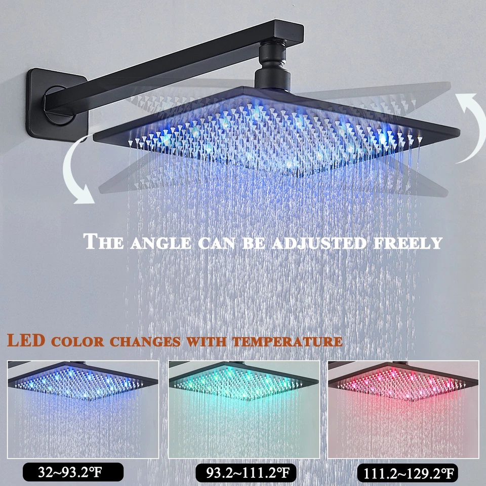 Black 16" LED Rain Shower Faucet Set Thermostatic Valve Massage System Combo Kit - Image 4 of 4