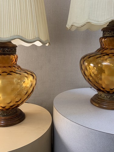Pair Vintage Mid Century Retro Amber Glass Light Up Base Lamps Pearsall Era - Picture 8 of 8
