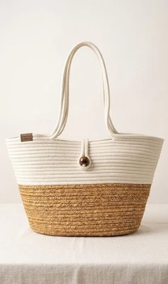Boho Straw Style Tote Bag Button Closure Large Beach Bag Shoulder Bag - Image 1 of 4
