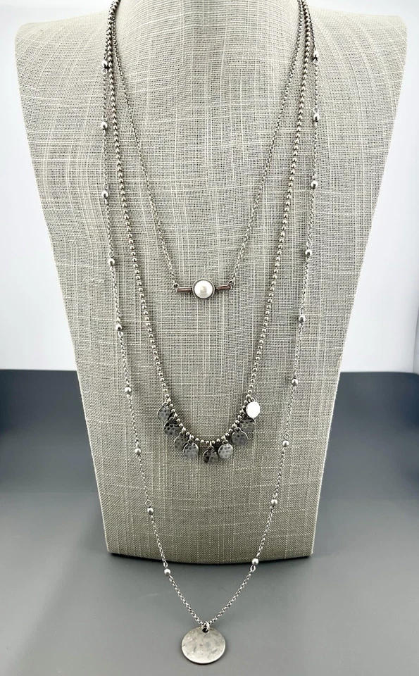 "Collar Lucky Brand tono plata 3 hilos imitación perlas moneda 34""" Foto 4 de 4