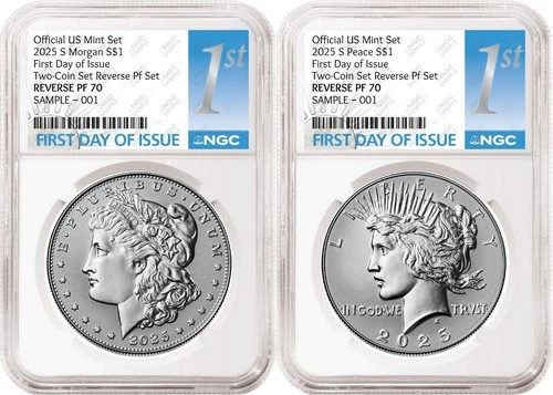 2 coin 2025 Morgan and Peace Reverse Proof Dollar Set NGC RP70 FDOI 1st