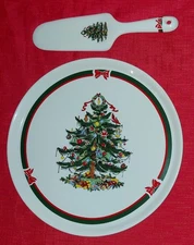 Topco Ribbons & Tree Stoneware 11" Cake Plate & Server Christmas Tree Platter