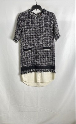 MSGM Women's Black White Bouclé Tweed Fringed Layered Dress IT 40 Sz 4