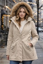 GUESS Beige Hooded Parka Jacket with Faux Fur Trim Women's Size L