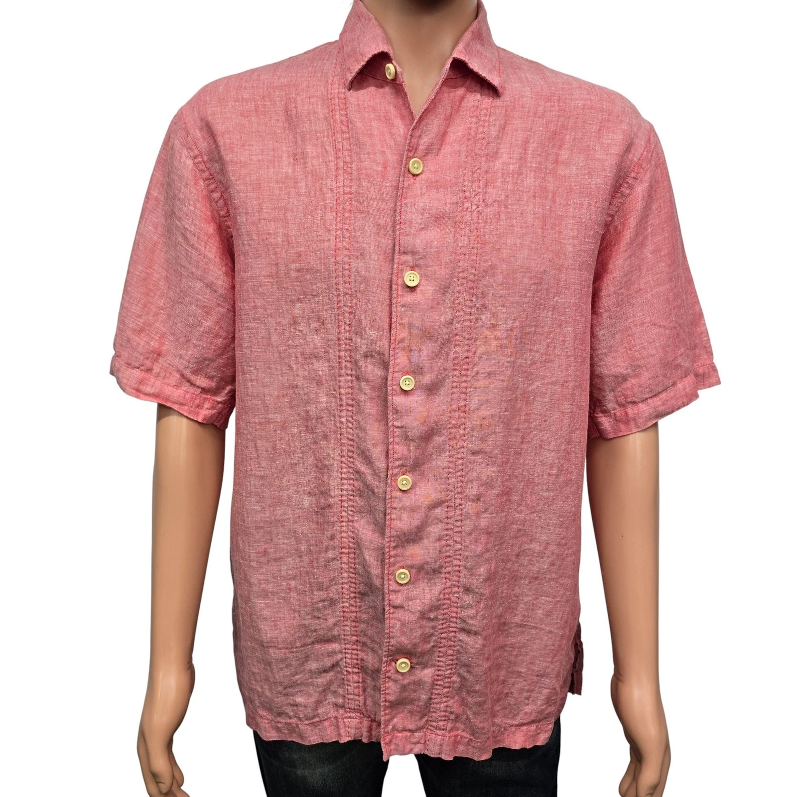 Tommy Bahama Pintuck Stitched Linen Shirt Men M Short Sleeve Coral Pink