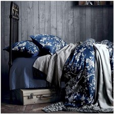 Eastern Floral Chinoiserie Blossom Print Duvet Quilt Cover Navy Blue Tan Whit...