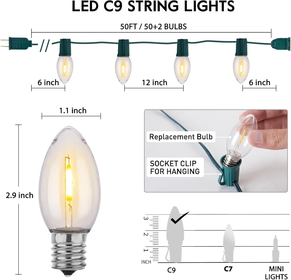 Vintage C9 LED Christmas Lights Outdoor Warm White, 50 Feet C9 String Lights for - Image 3 of 4