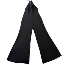 Vintage 70s JCPenney Black Halter Jumpsuit Wide Leg Lace Crochet ILGWU USA Made