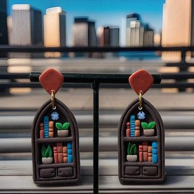 Polymer Clay Earrings /bookshelf/ Vintage Books/Plants/ Brown.  EAR209