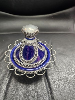 vintage Moroccan tagine blue and silvertone