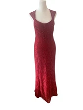 Burgundy Red Lace Sequins Maxi Formal Dress Evening Gown M/L