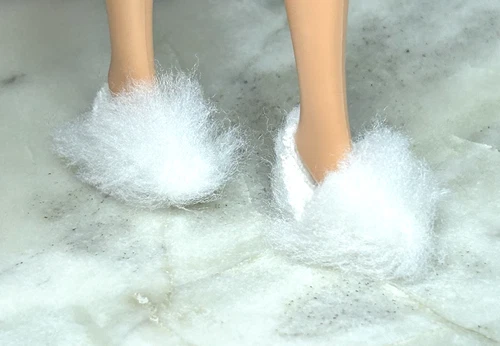 Vintage *Barbie* Shoes ~ White Furry House Slippers