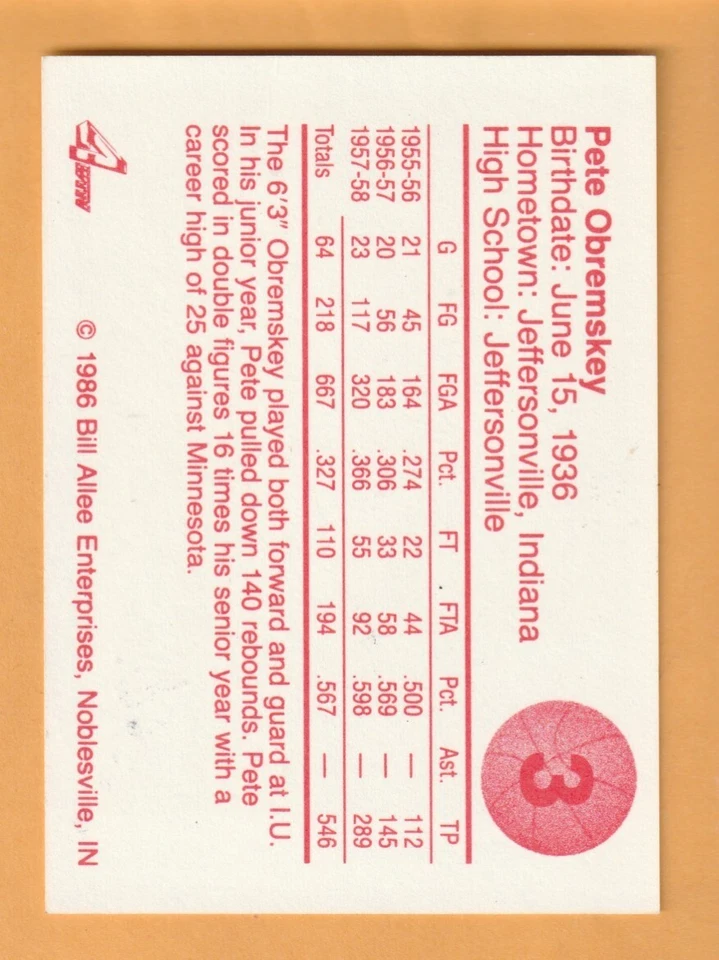 Pete Obremskey Indiana Hoosiers AUTO Signed 1986 Card Jeffersonville IN - Image 2 of 2