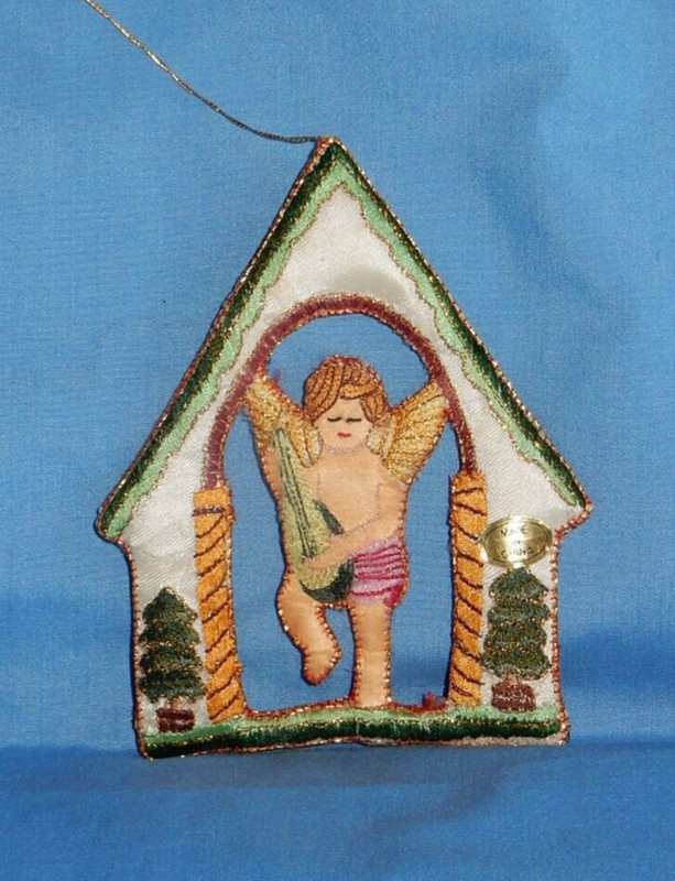 Vintage House with Angel Cherub Silk Embroidered Christmas Ornament RARE