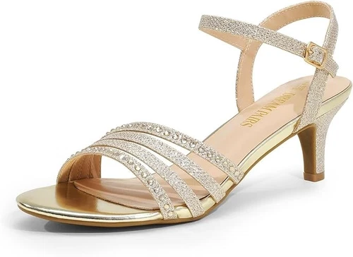 Dream Pairs Sandals Women's US 7 Gold Glitter Rhinestone Ankle Strap Kitten Heel