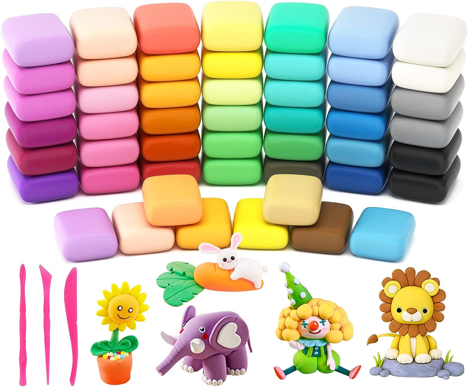 RUBFAC Air Dry Clay for Kids, 50 Colors Modeling Clay Kit with 3 Sculpting Tools