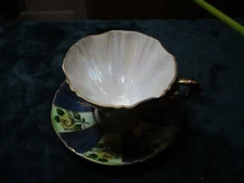 Vintage Unmarked Blue & Green Yellow Rose Porcelain Cup & Saucer Gold Trim