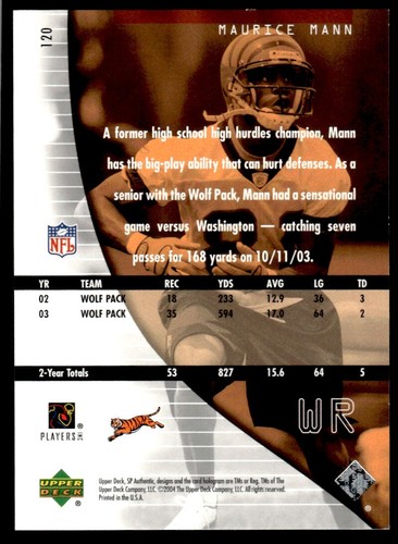 2004 SP Authentic Maurice Mann Rookie 0616/1199 Cincinnati Bengals #120 R66 - Picture 2 of 2