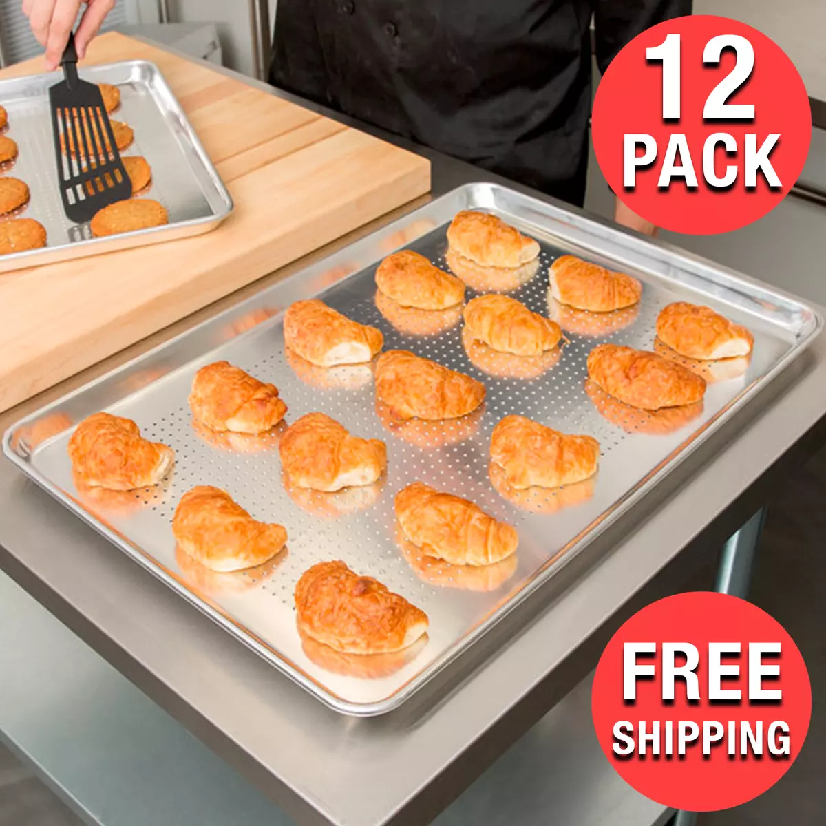 Choice Bulk Case of 12 Full Size 19 Gauge 18 x 26 Wire in Rim Aluminum  Bun Pans / Sheet Pans